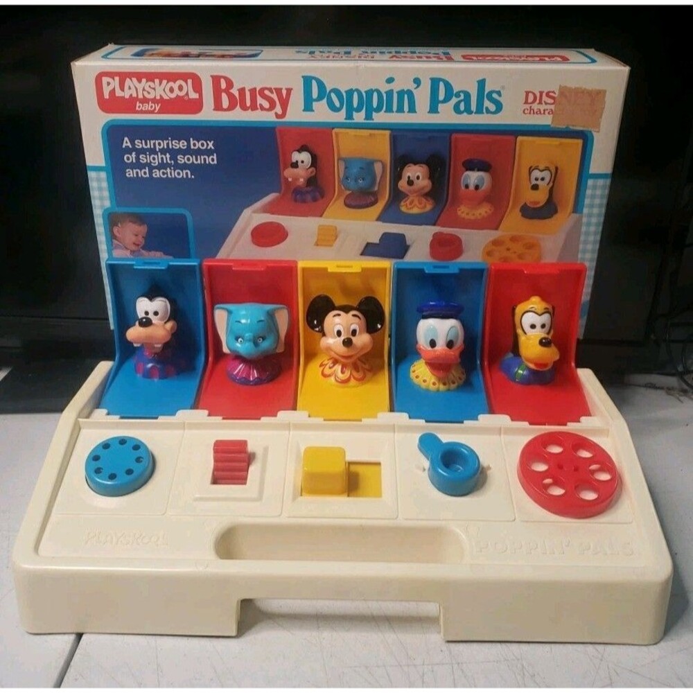 Vintage 1980s Playskool Disney Characters Busy Poppin’ Pals Pop Up Toy With Box